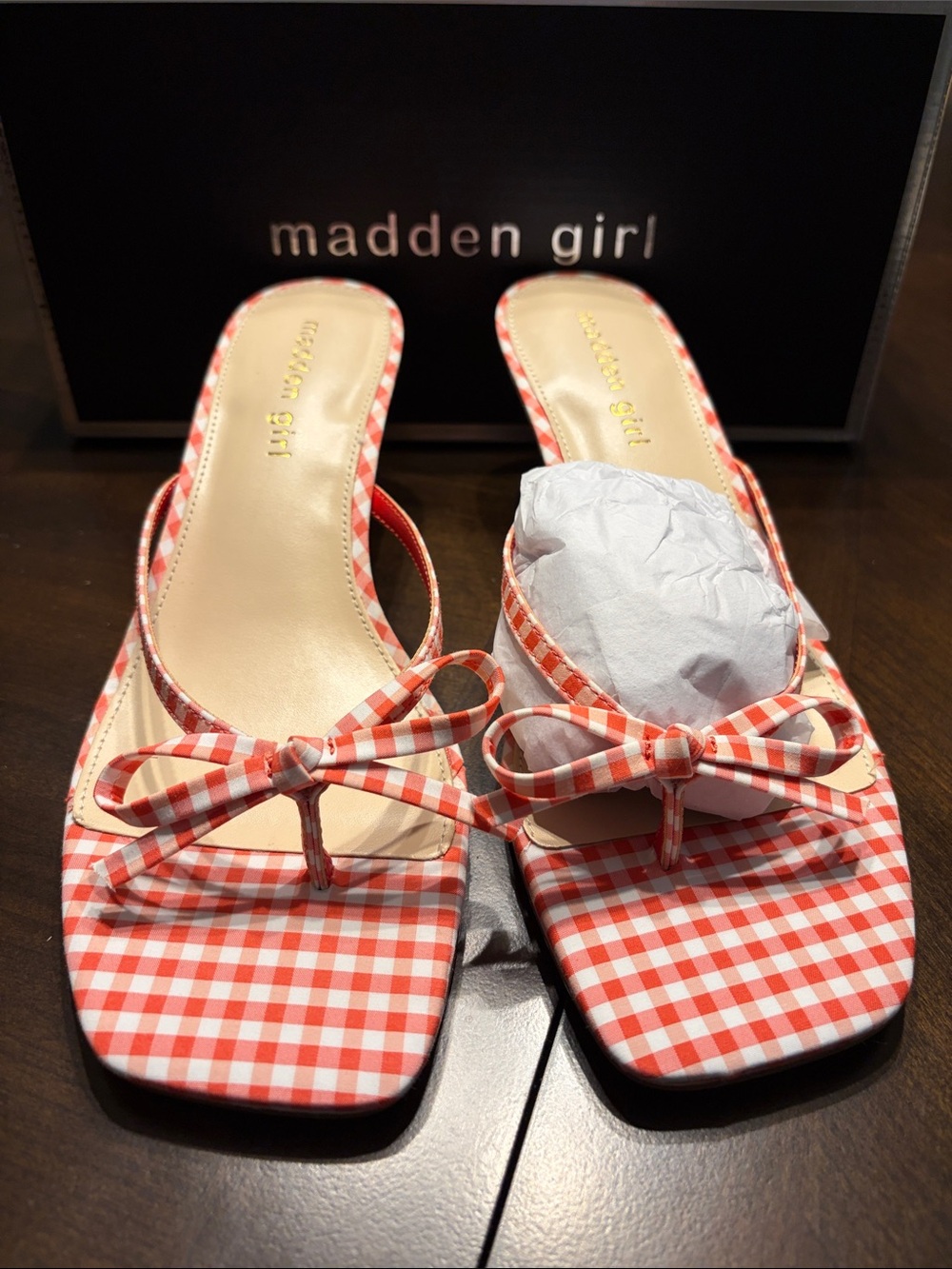 Madden Girl Red Gingham Bow Thong Mules